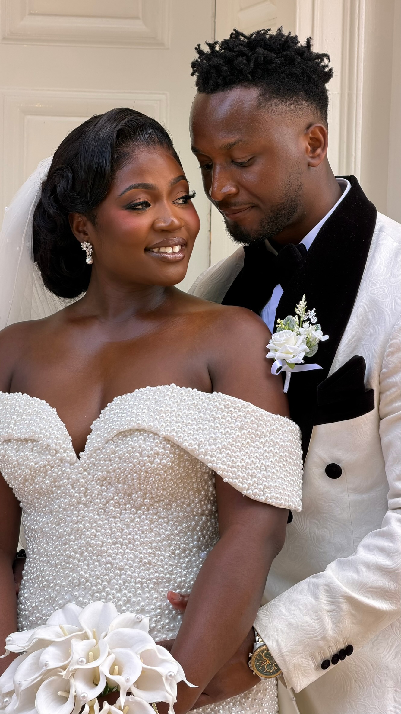 A bride and groom sharing a quiet moment together